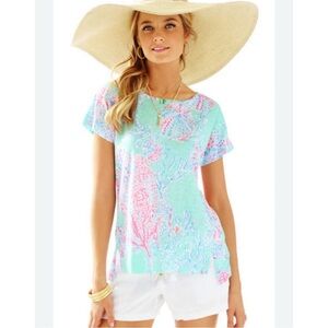 Lilly Pulitzer Mikela linen short sleeve top minty fresh fan sea green pink XS
